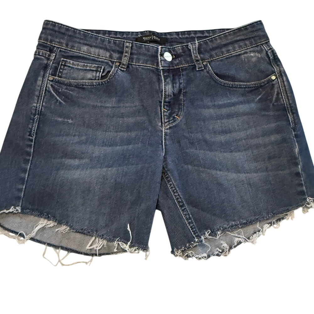 White House Black Market Noir Denim Shorts Dark Wash Frayed Hem Size 4R‎